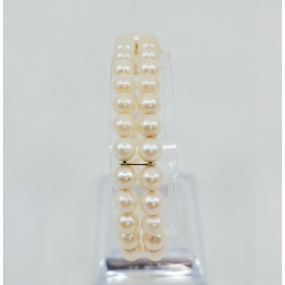 Unique 14K Karat Solid Yellow Gold Designer 2 Row Pearl Link Bracelet - 7.25" L - Picture 6 of 12